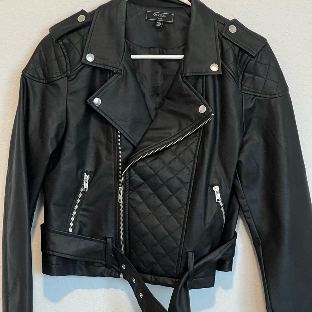 Chocolate Black and Silver Accents Faux Leather Biker Jacket